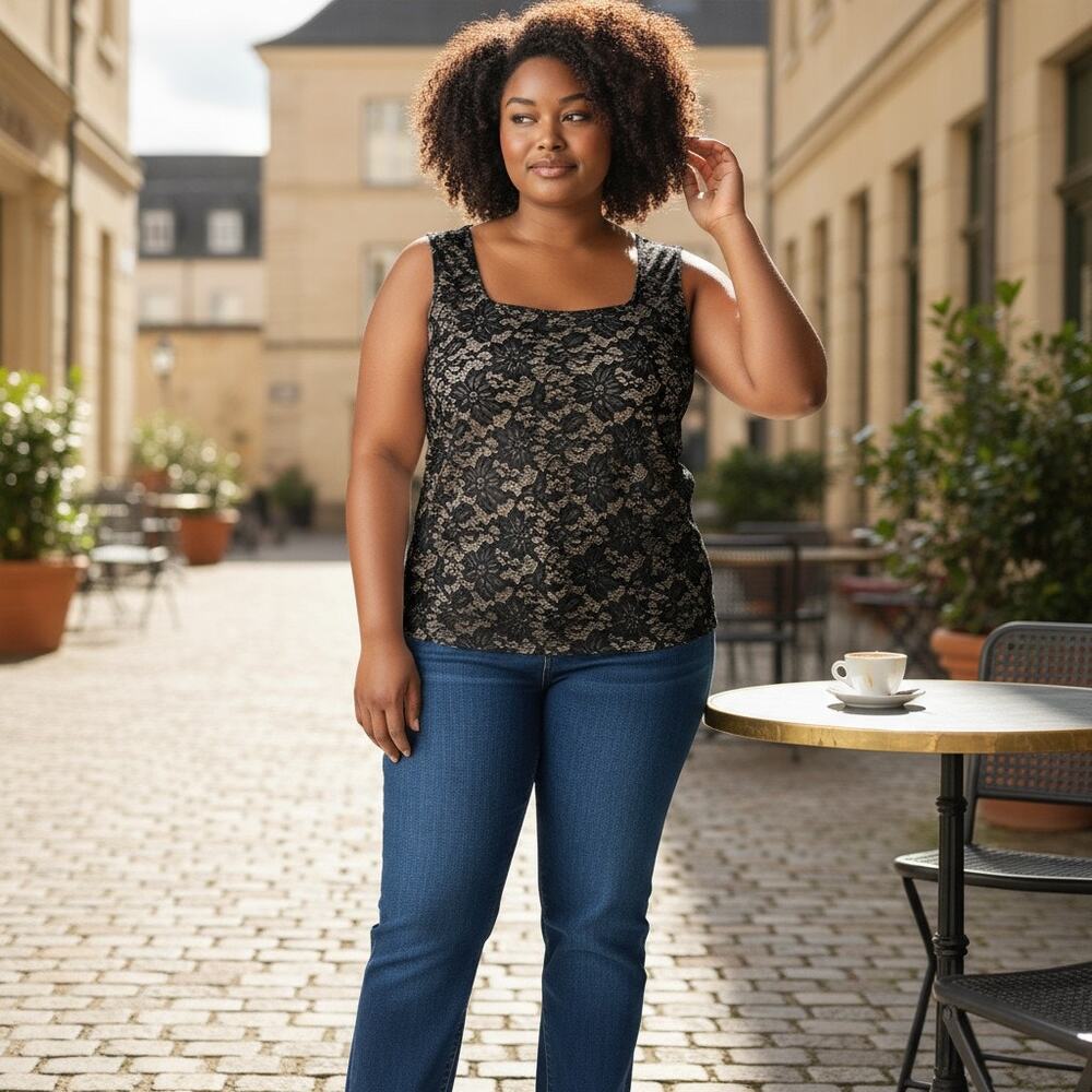 Vintage Y2K 2000s Fashion Bug Black Lace Square Neck Tank Top Plus Size